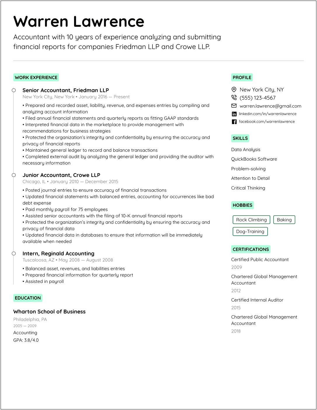 1 Page Company Resume Examples