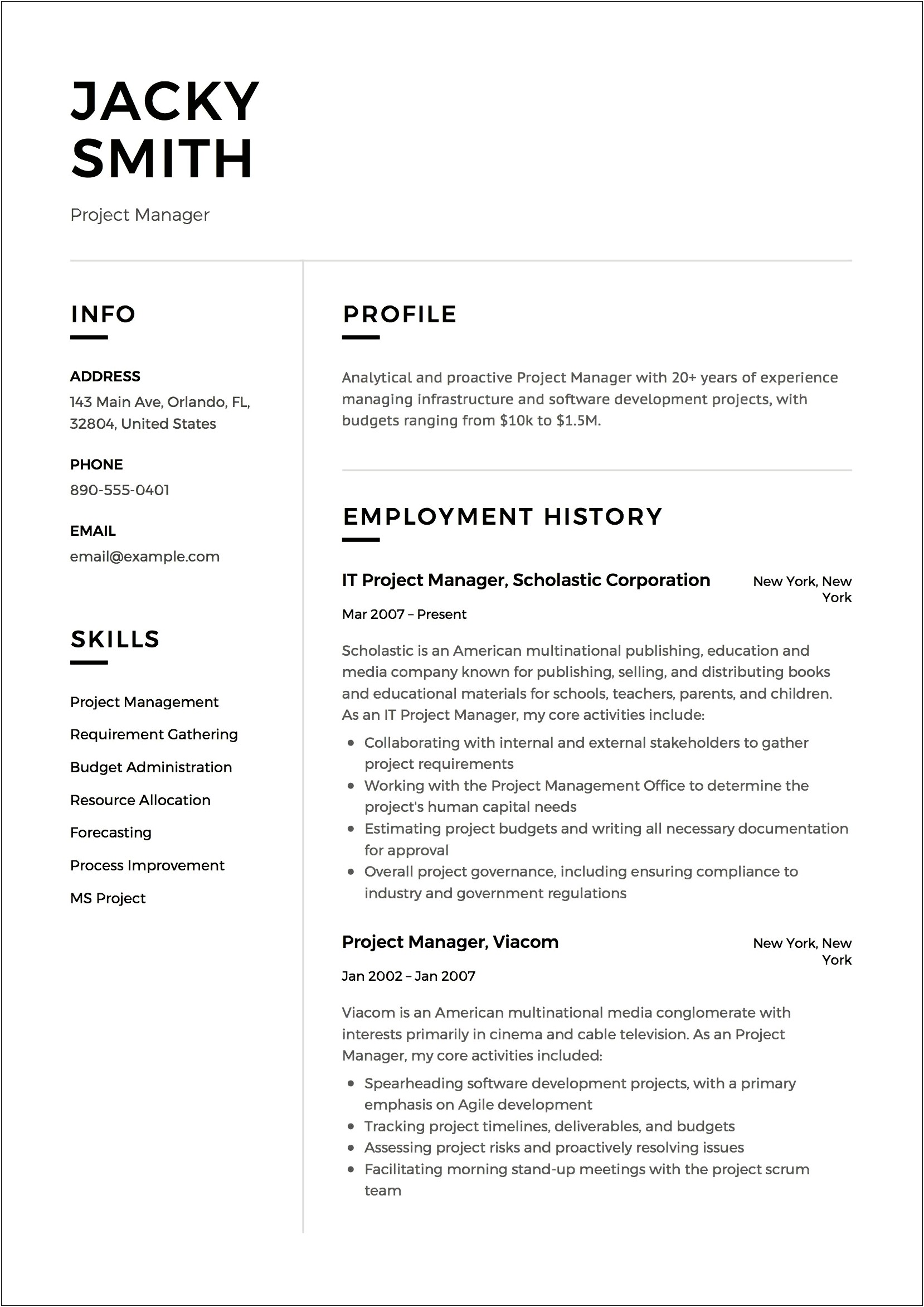 1 Page Project Manager Resume