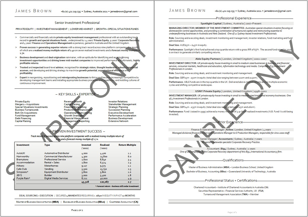 1 Page Resume Examples Sales