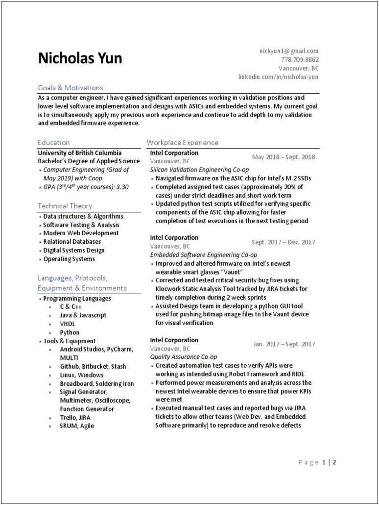 1 Year Experiance Embedded C Resume
