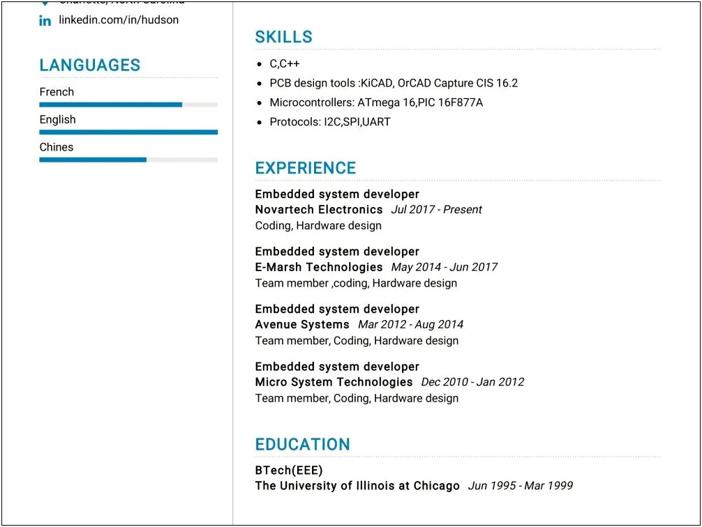 1 Year Experience Embedded C Resume