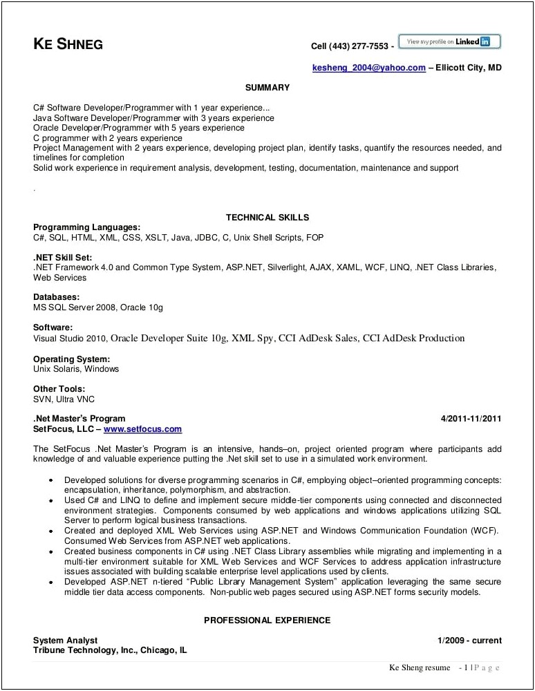 1 Year Experience Java Resume Format