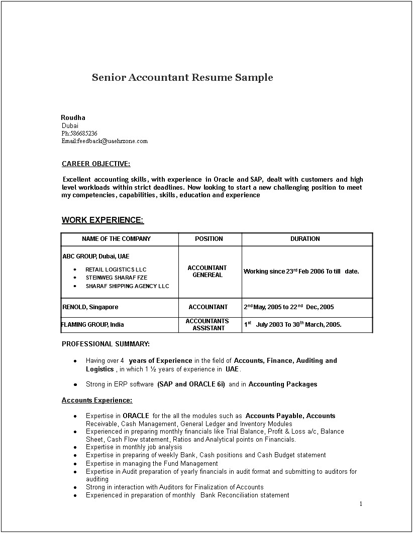 1 Year Experience Resume Format For Accountant