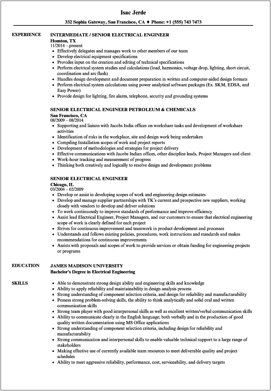 1 Year Experience Resume Format For Electrical Engineer