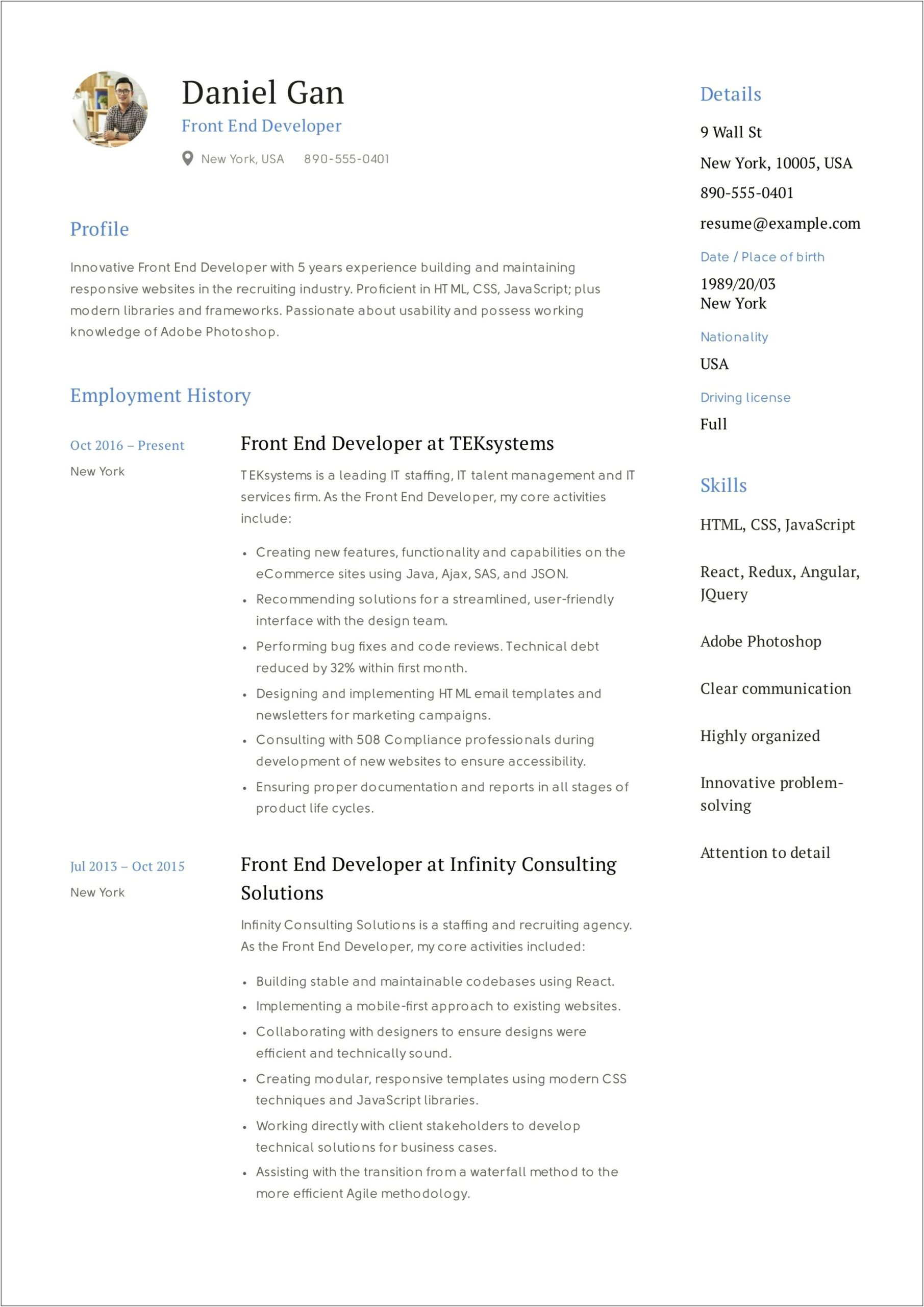 1 Year Experience Resume Format For Ui Developer