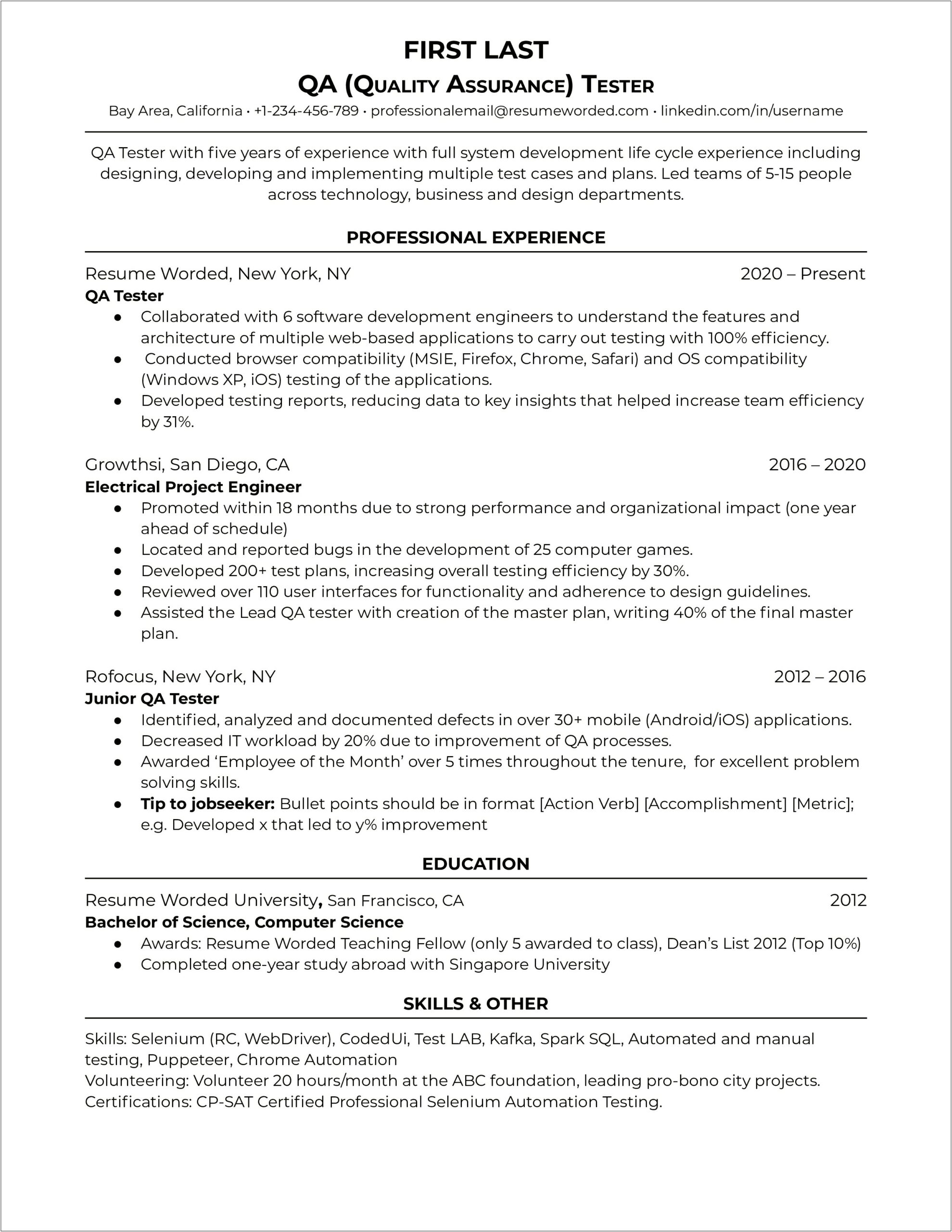 1 Year Experience Resume In Automation Testing