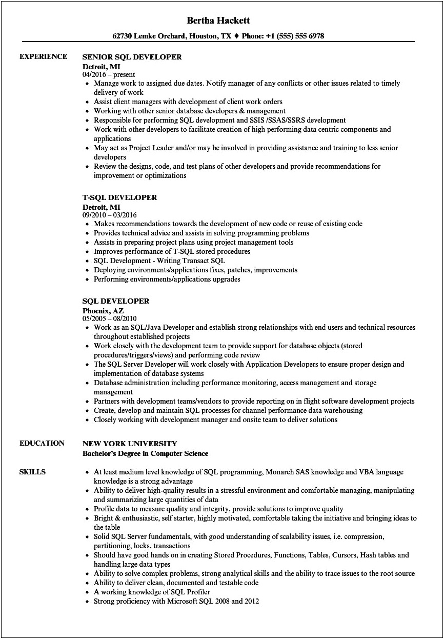1 Year Experience Roles In Sql Developer Resume