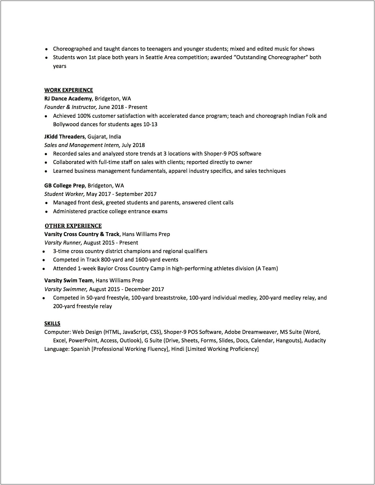 1st Resume Out Of High School