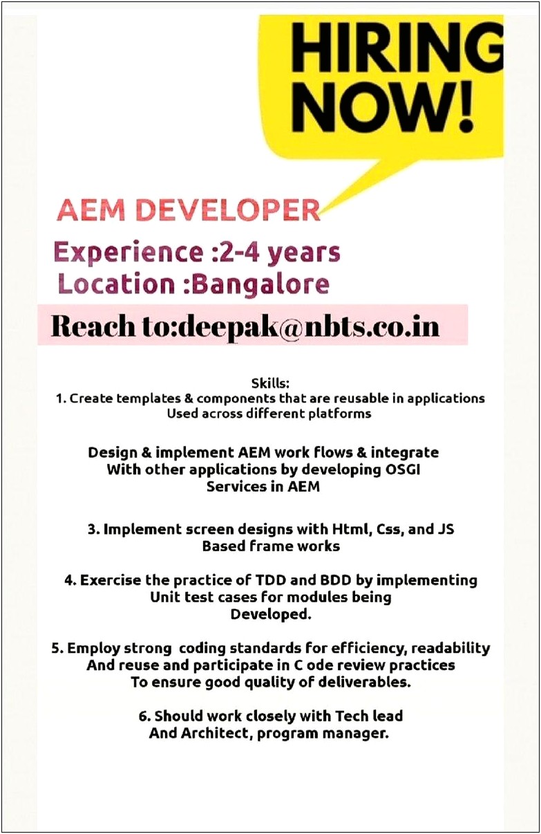 2 Year Experience Aem Developer Resume