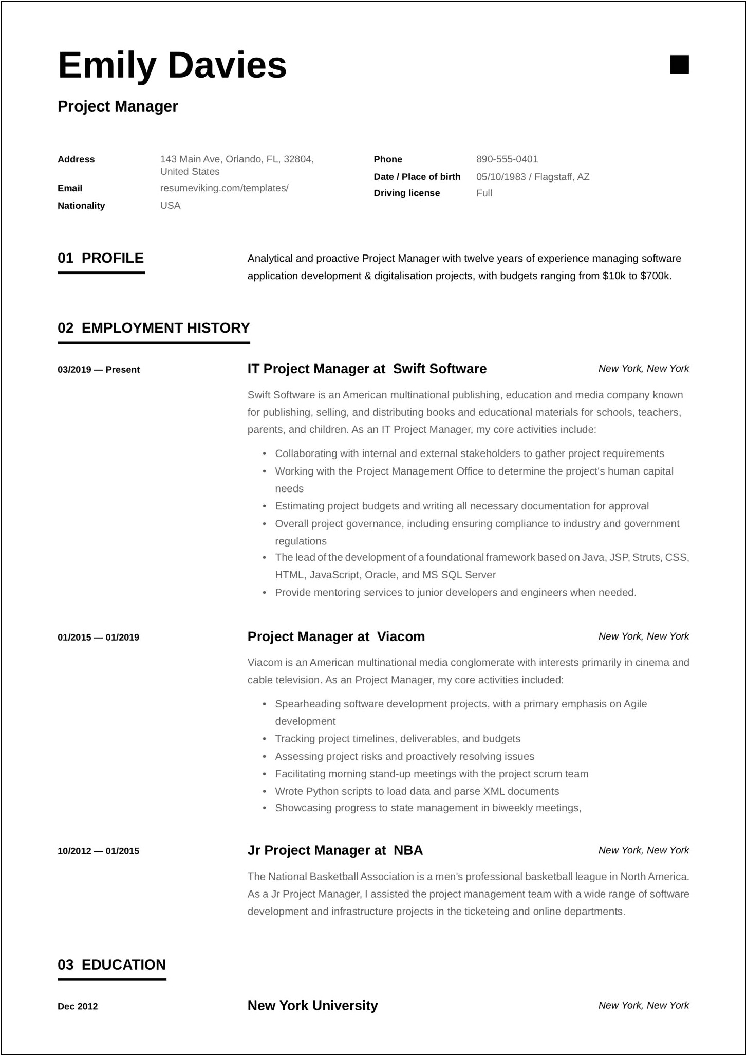 2017 Resume Templates Project Manager