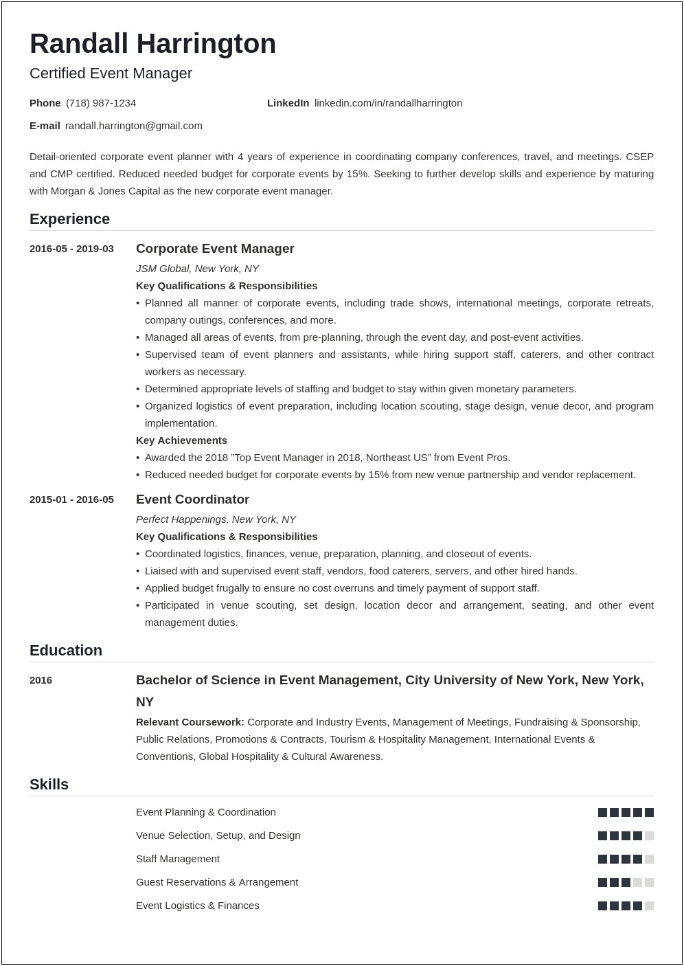 2019 Event And Sales Manager Resume