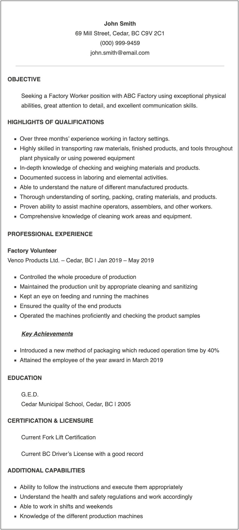 2019 Free Download Manufacturing Example Or Template Resume