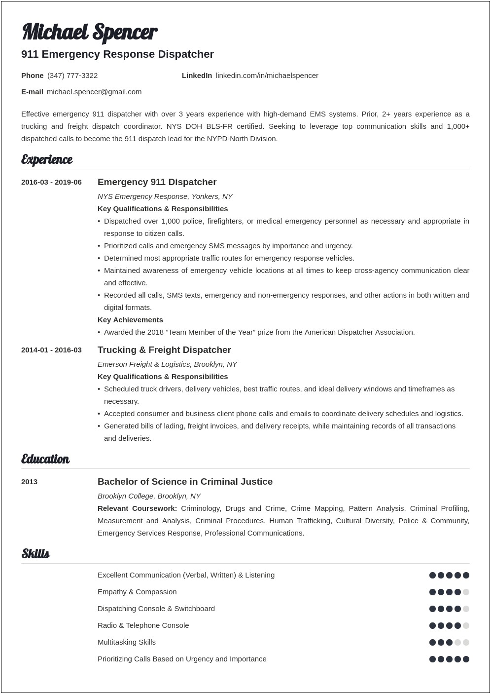 911 Dispatcher Job Description For Resume
