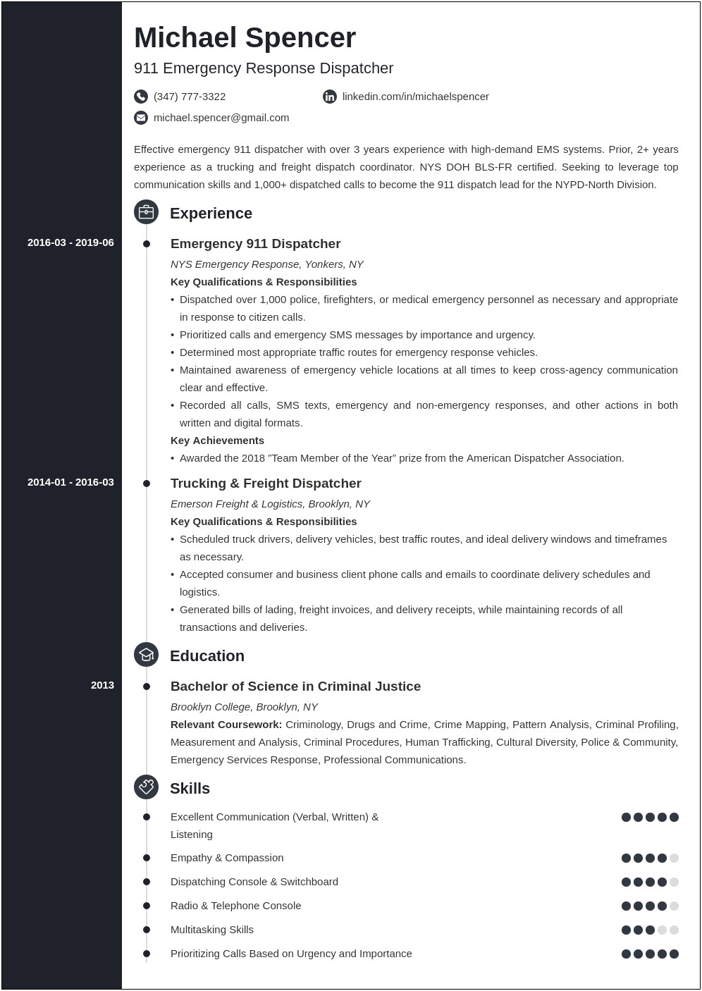 911 Operator Applicant Resume Example