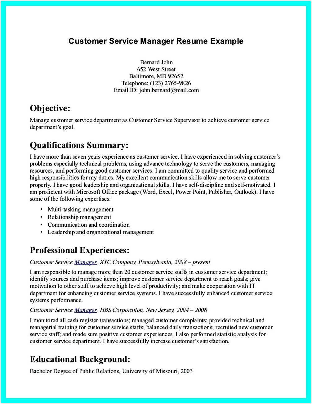 A Customer Service Objective For Resume