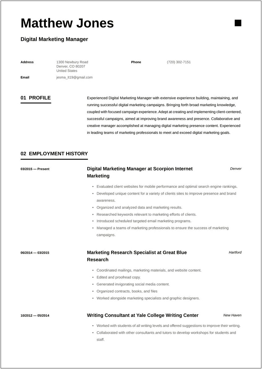 A Good Content Writer And Digital Market Resume
