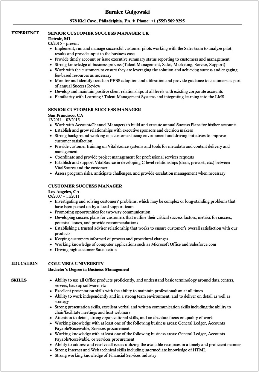 A Good Customer Succes Manager Resume