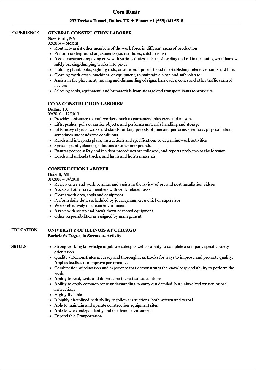A Good Resume For Construction Worker