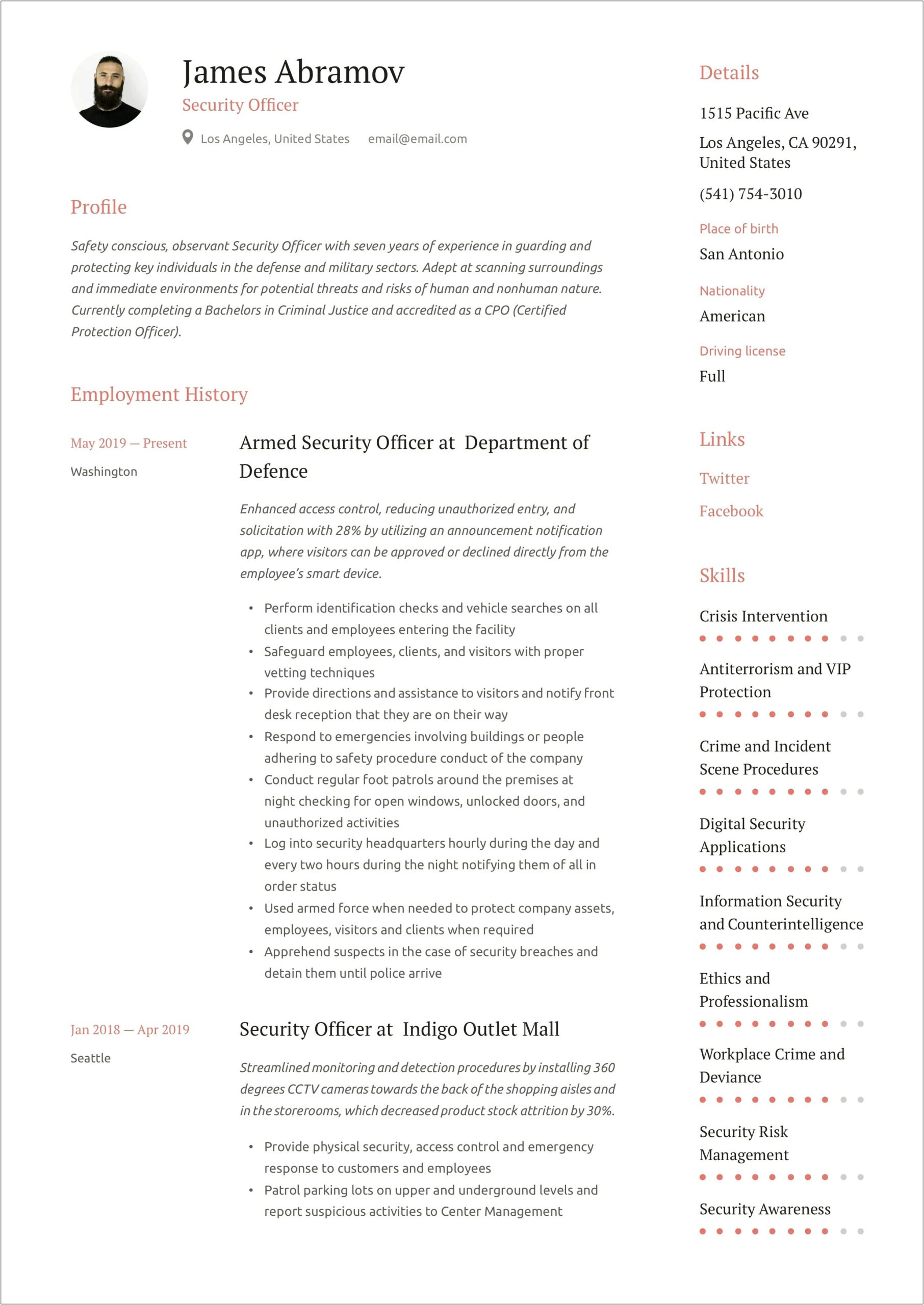 A Good Resume For Security Job