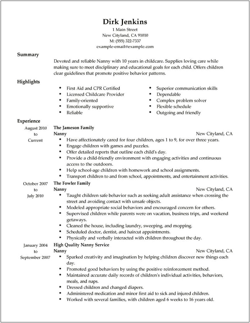 A Resume Example For A Nannying Job