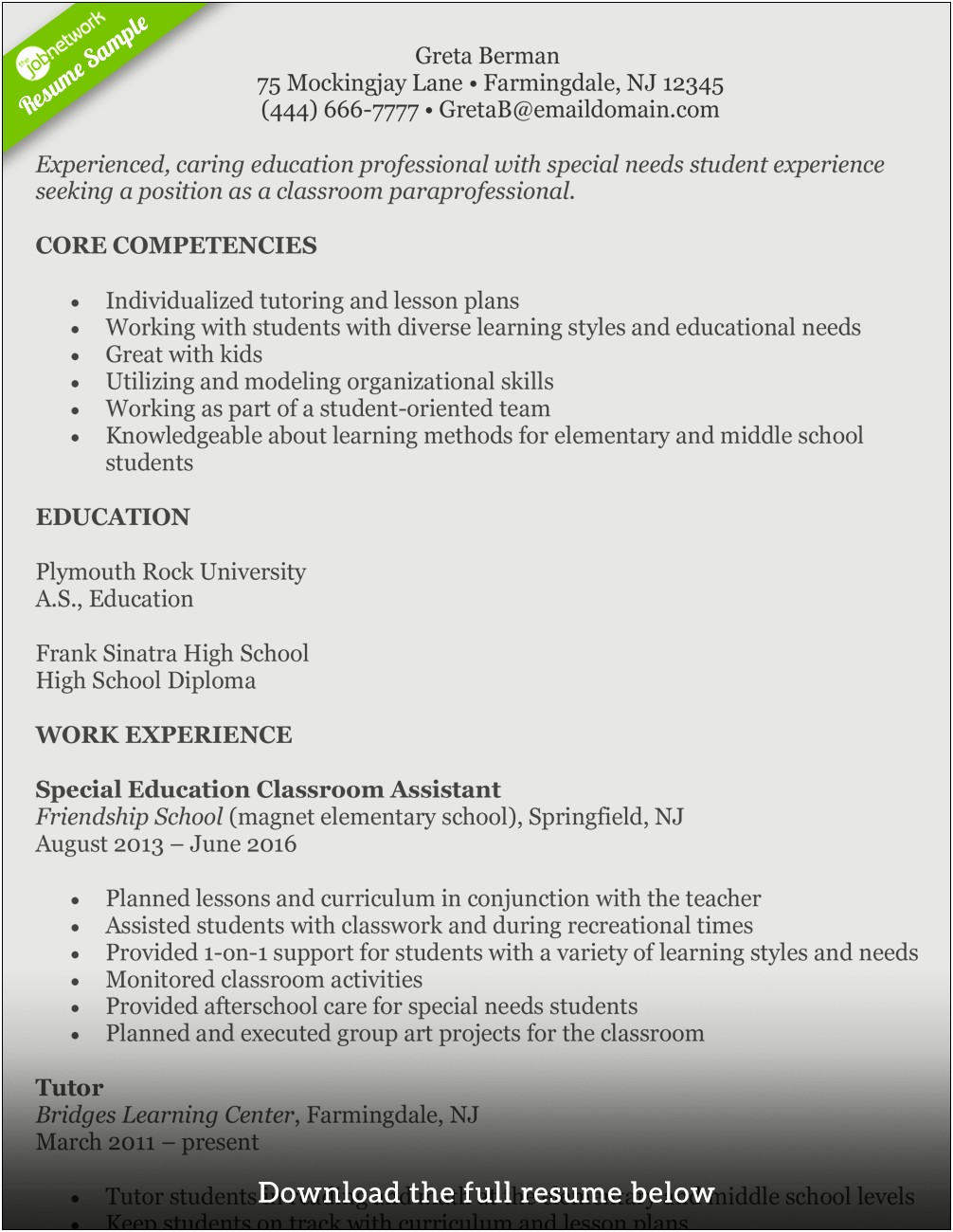 A Resume Sample For Teacher