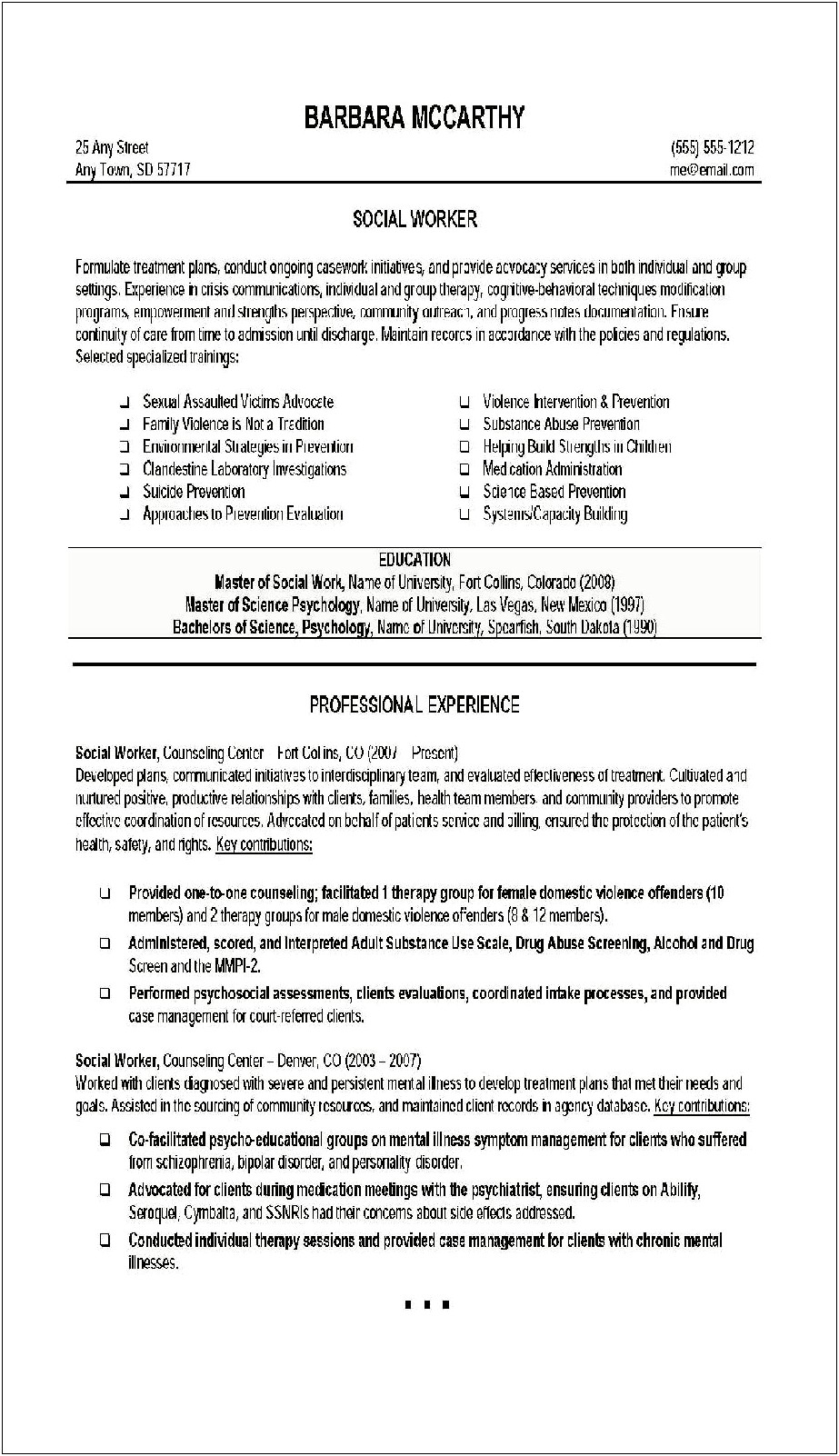 A Two Professional Resume Clinical Social Worker