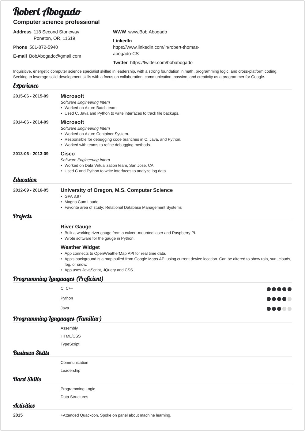 About Me Resume Template For Computer Science