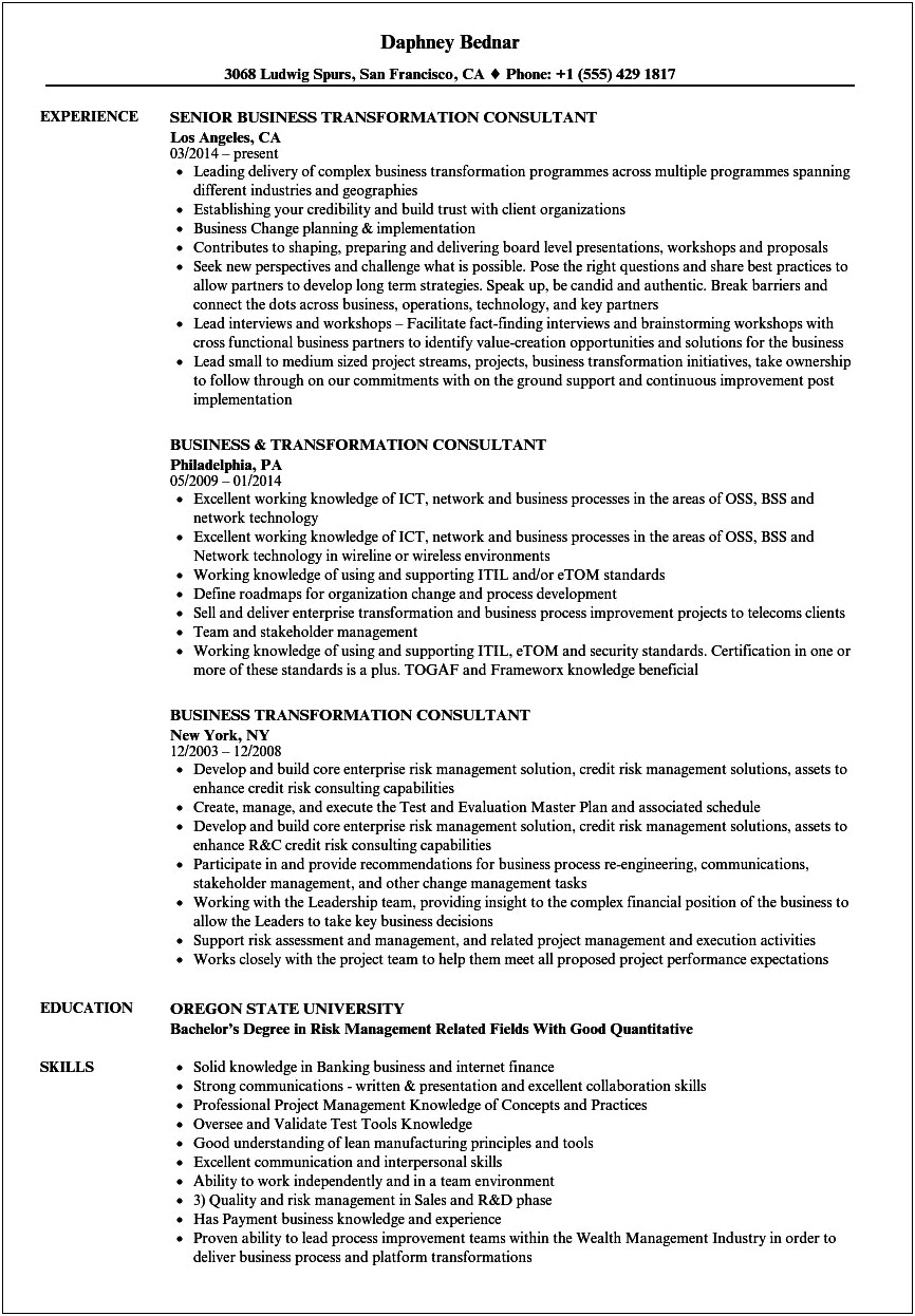 About Section Managment Consultant Resume
