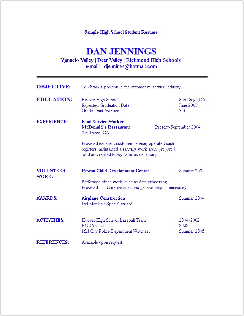 Academic Resume Examples For Highschool Students