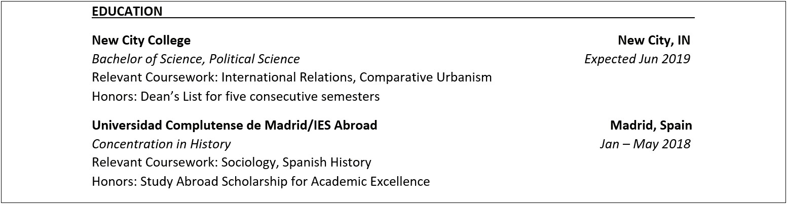 Academic Resume For College Sample