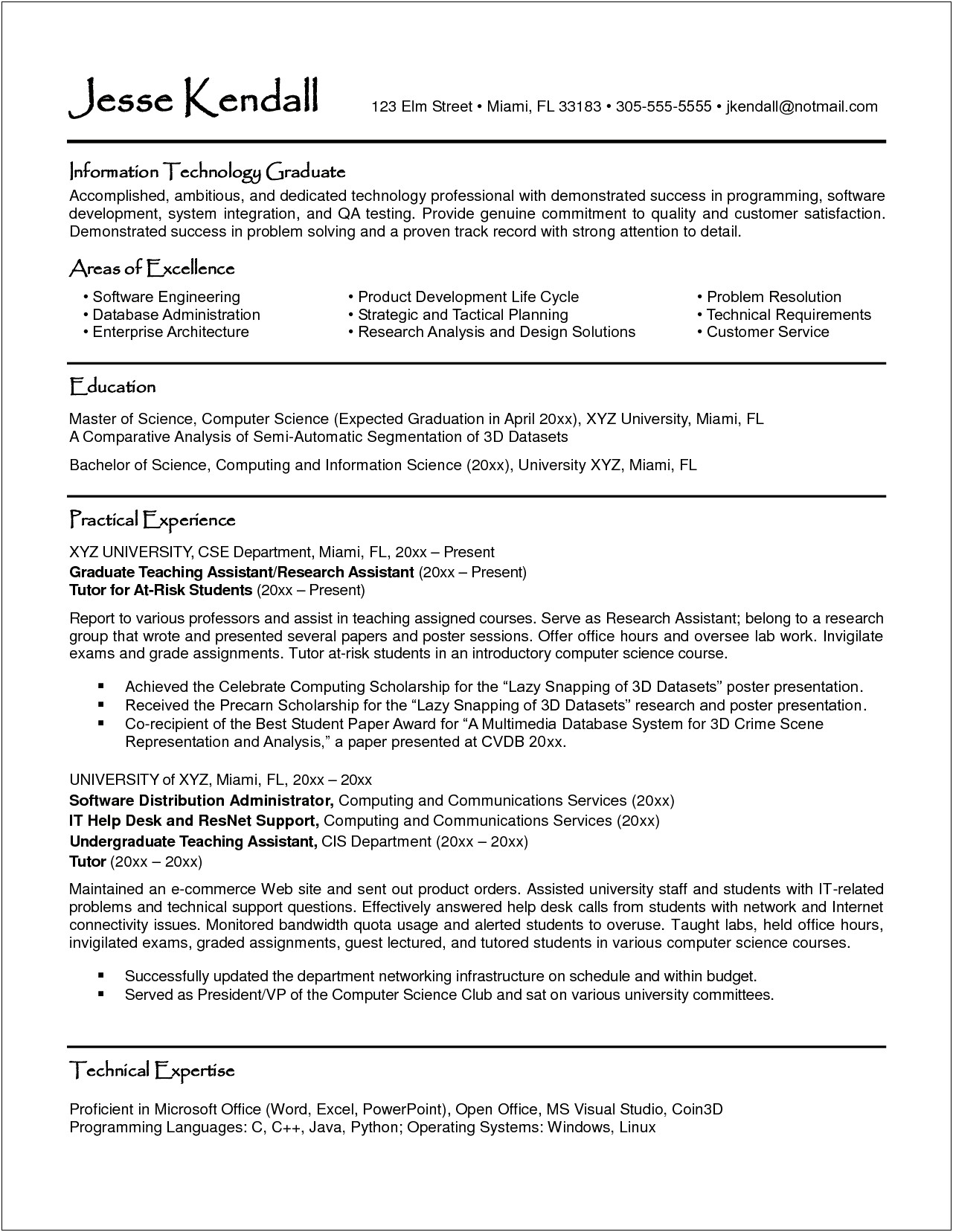 Academic Resume High School Computer Science