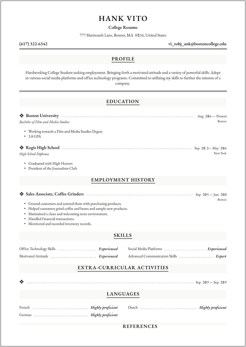 Academic Resume Sample For College