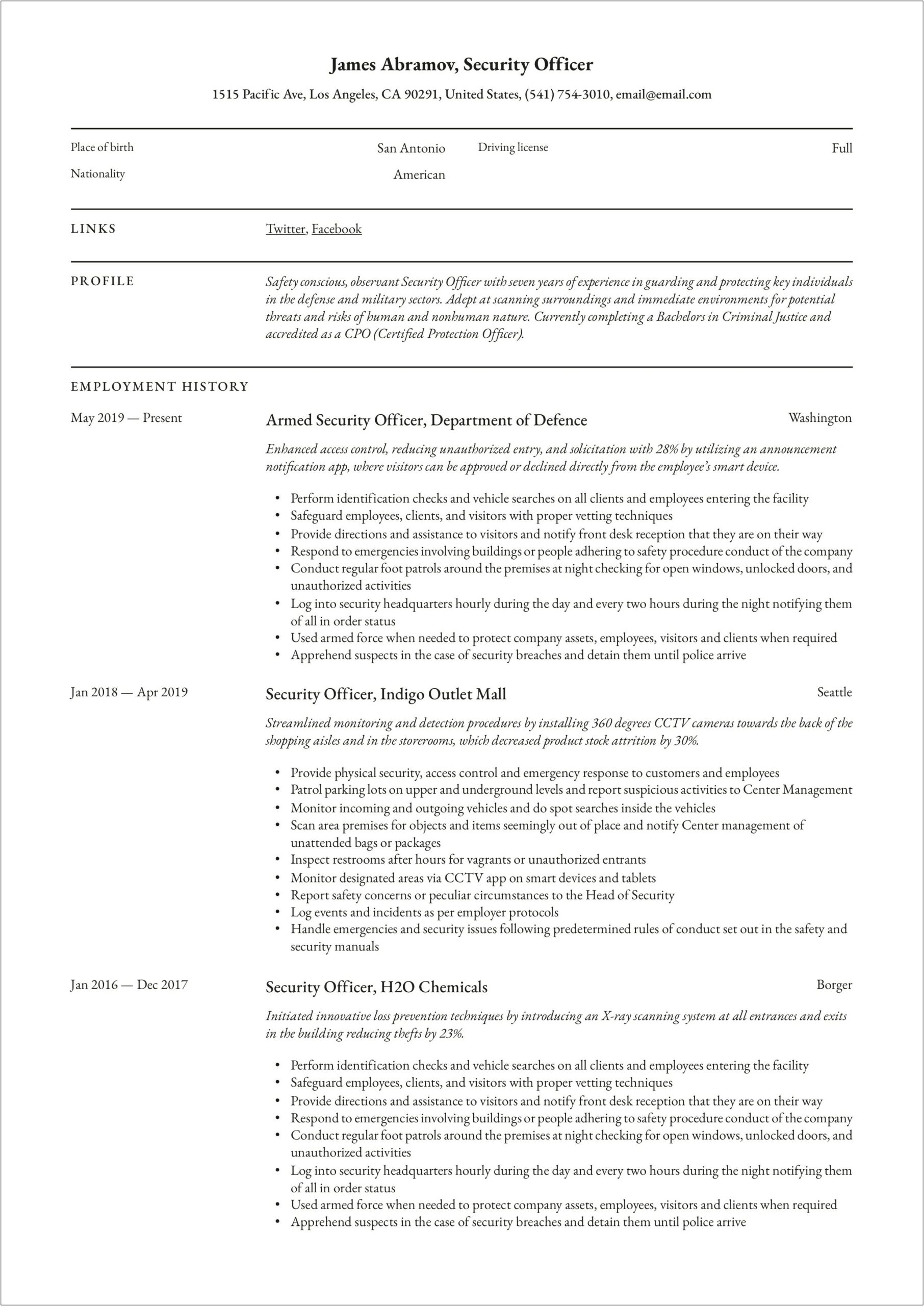 Access Control Officer Resume Example
