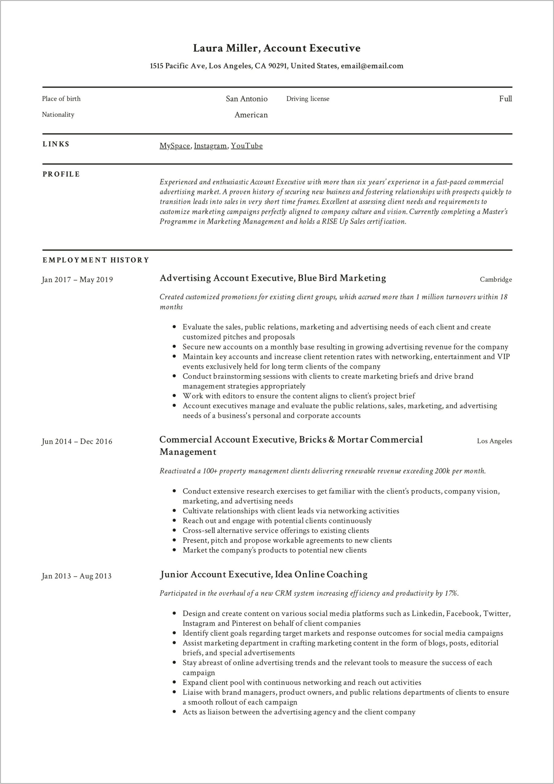 Account Executive Resume Objective Examples