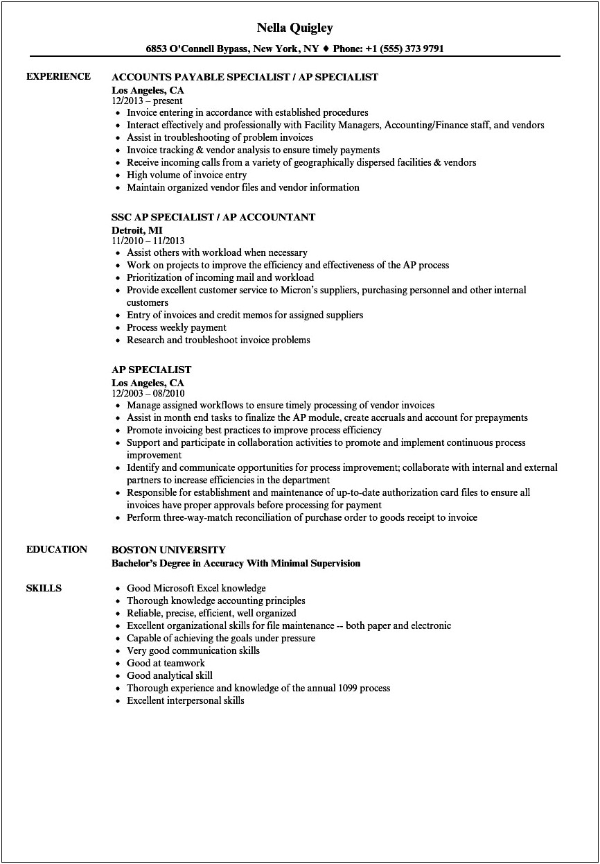 Account Payable Specialist Resume Samples