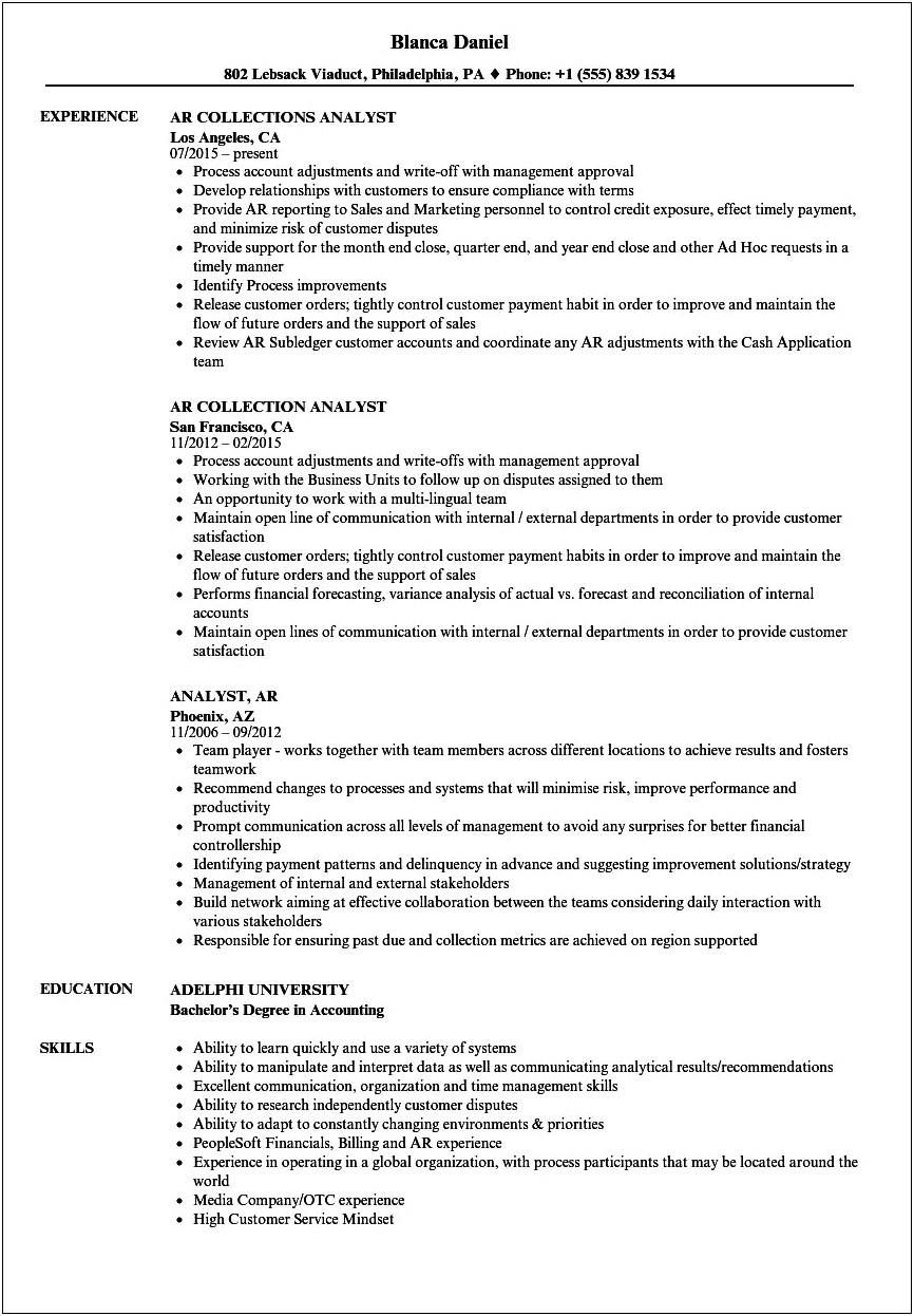 Account Receivable Analyst Sample Resume