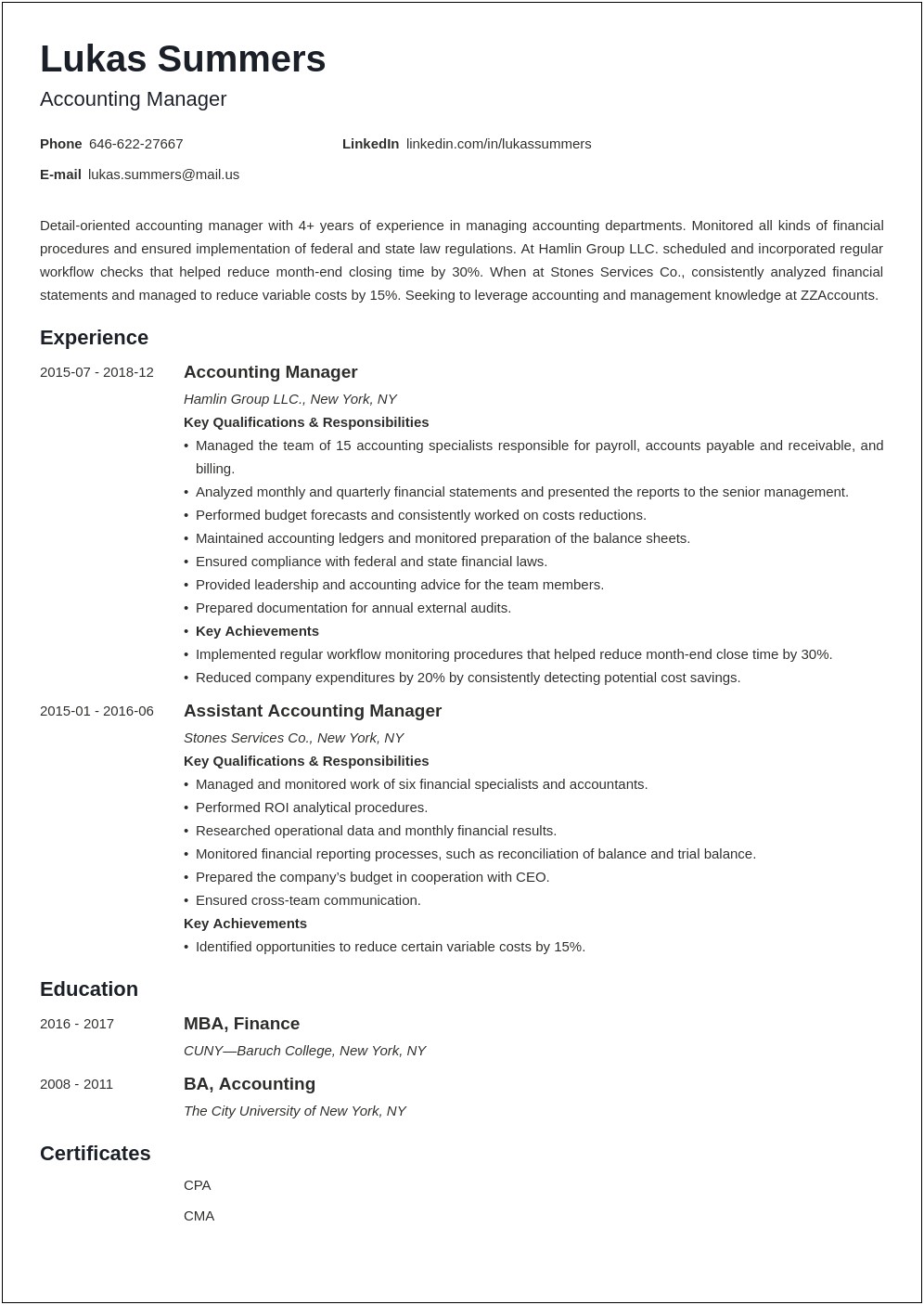 Accountant Managed Company Credit Card Resume