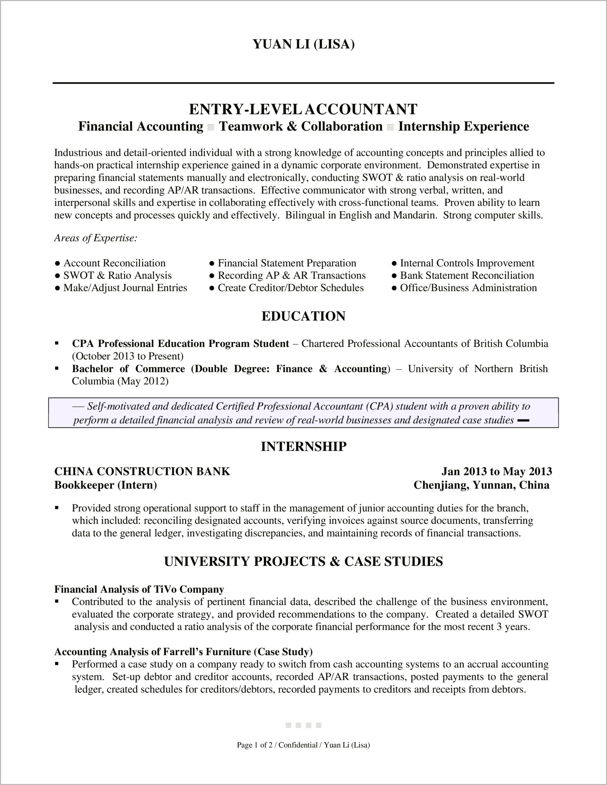 Accountant Summary 1 Year Of Experience Resume