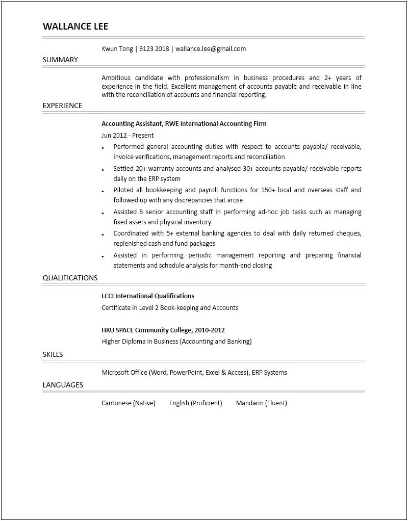 Accounting Assistant Resume And Sales Assitant Manager
