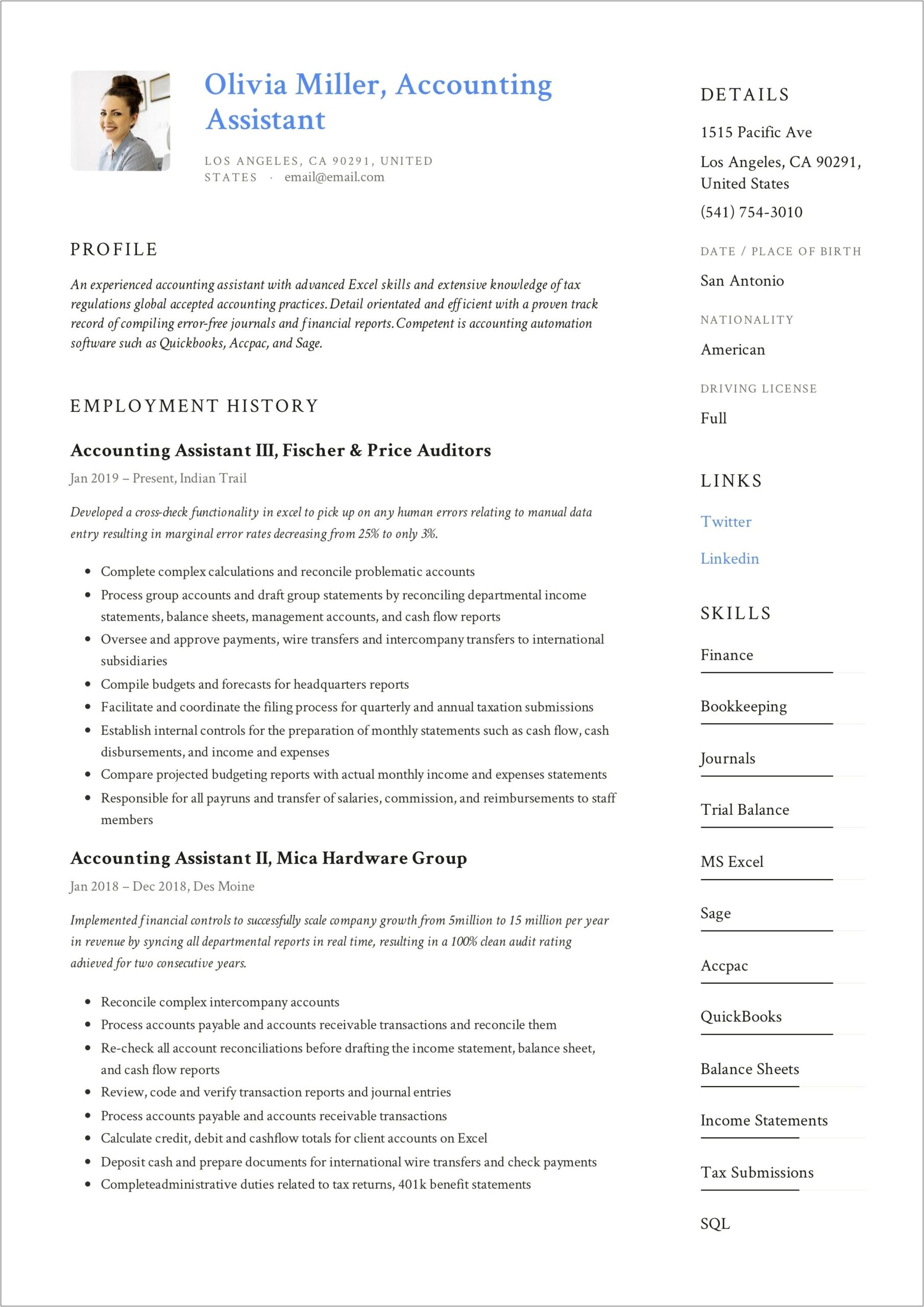Accounting Assistant Resume Job Responsibilities
