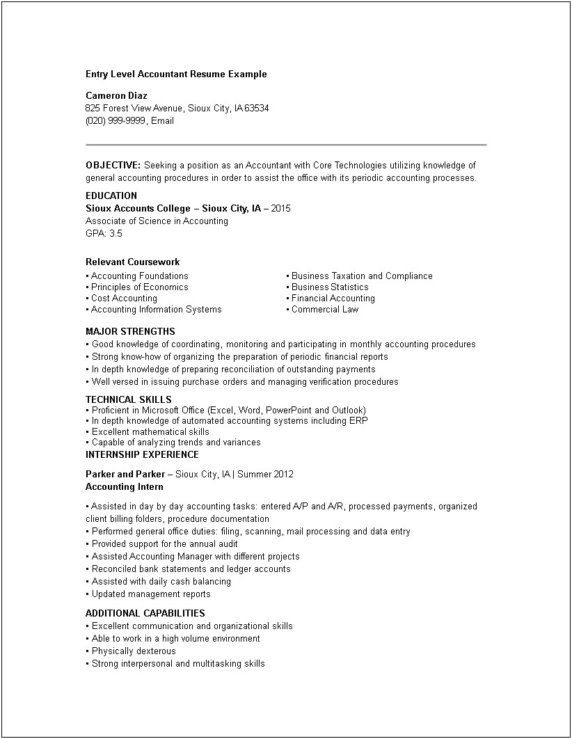 Accounting Internship Resume With No Accounting Experience