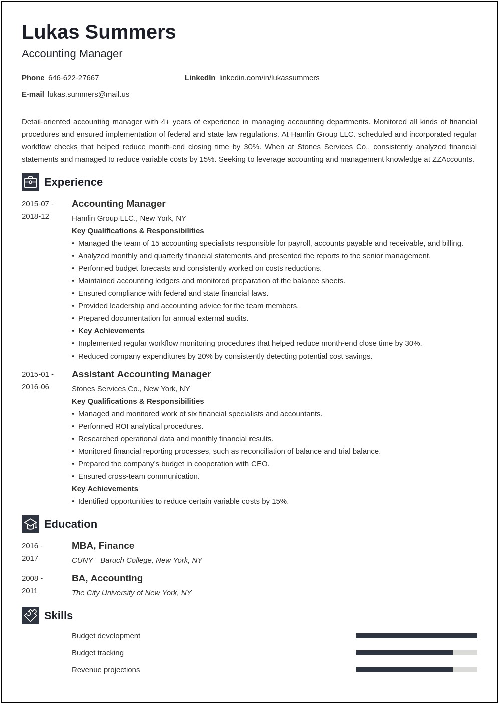 Accounting Manager Description For Resume