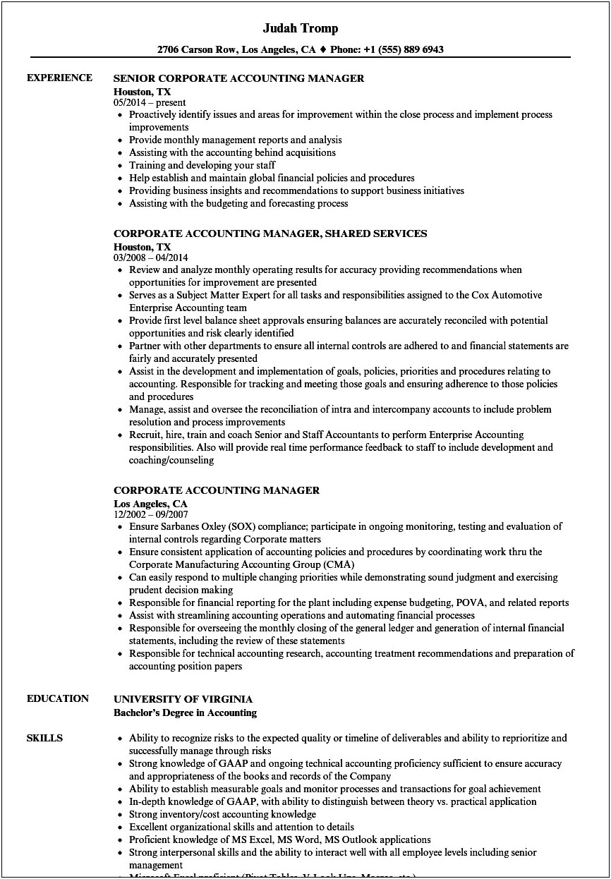 Accounting Manager Resume Summary Statement