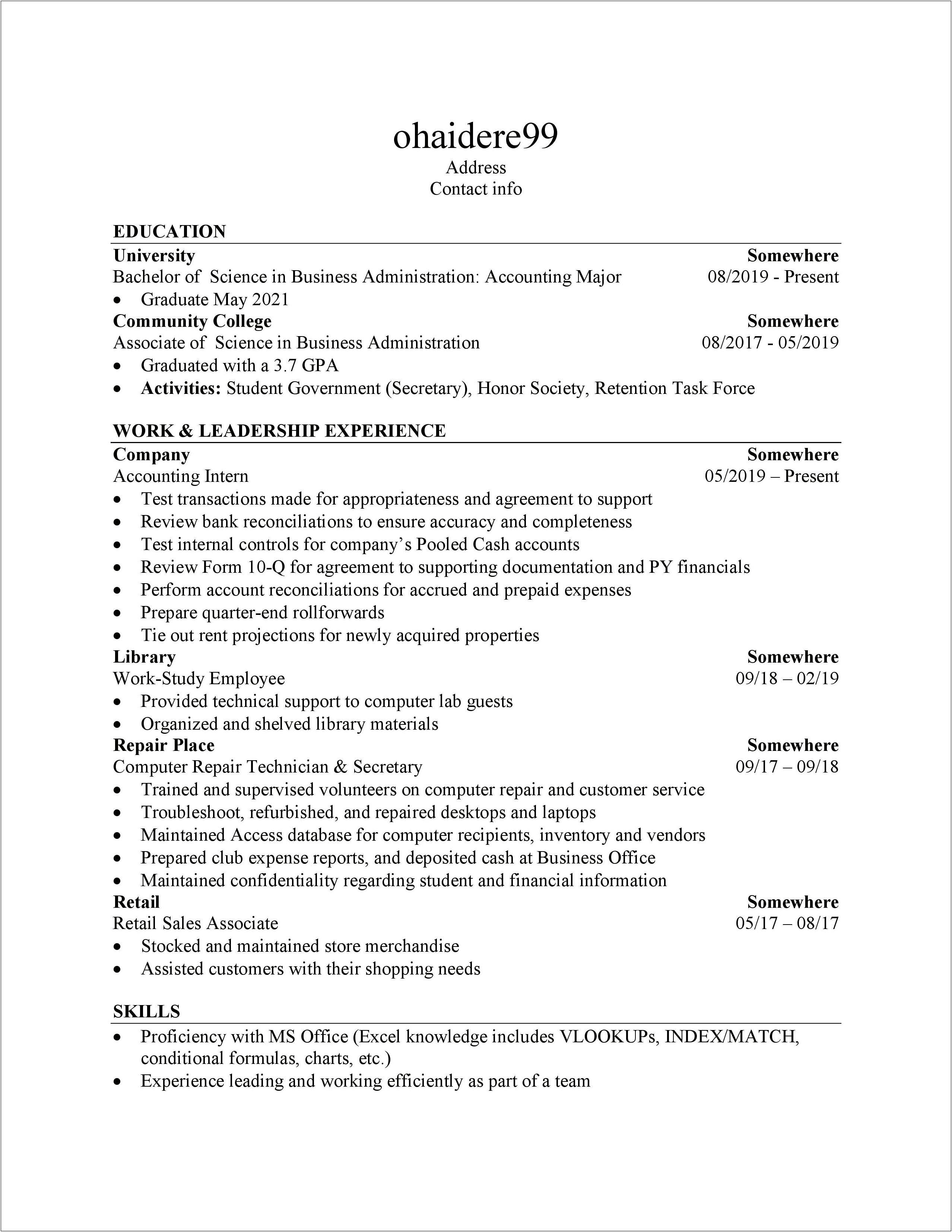 Accounting Resume Examples For College Students