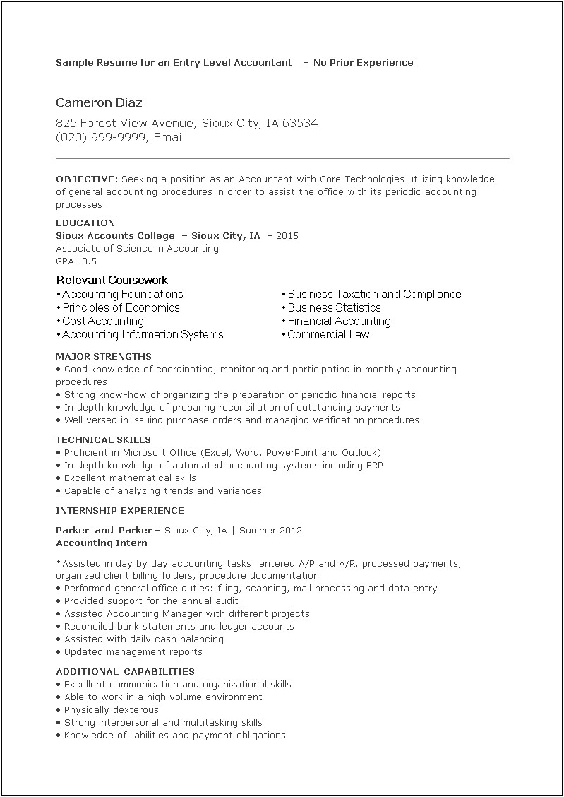 Accounting Resume Examples No Experience