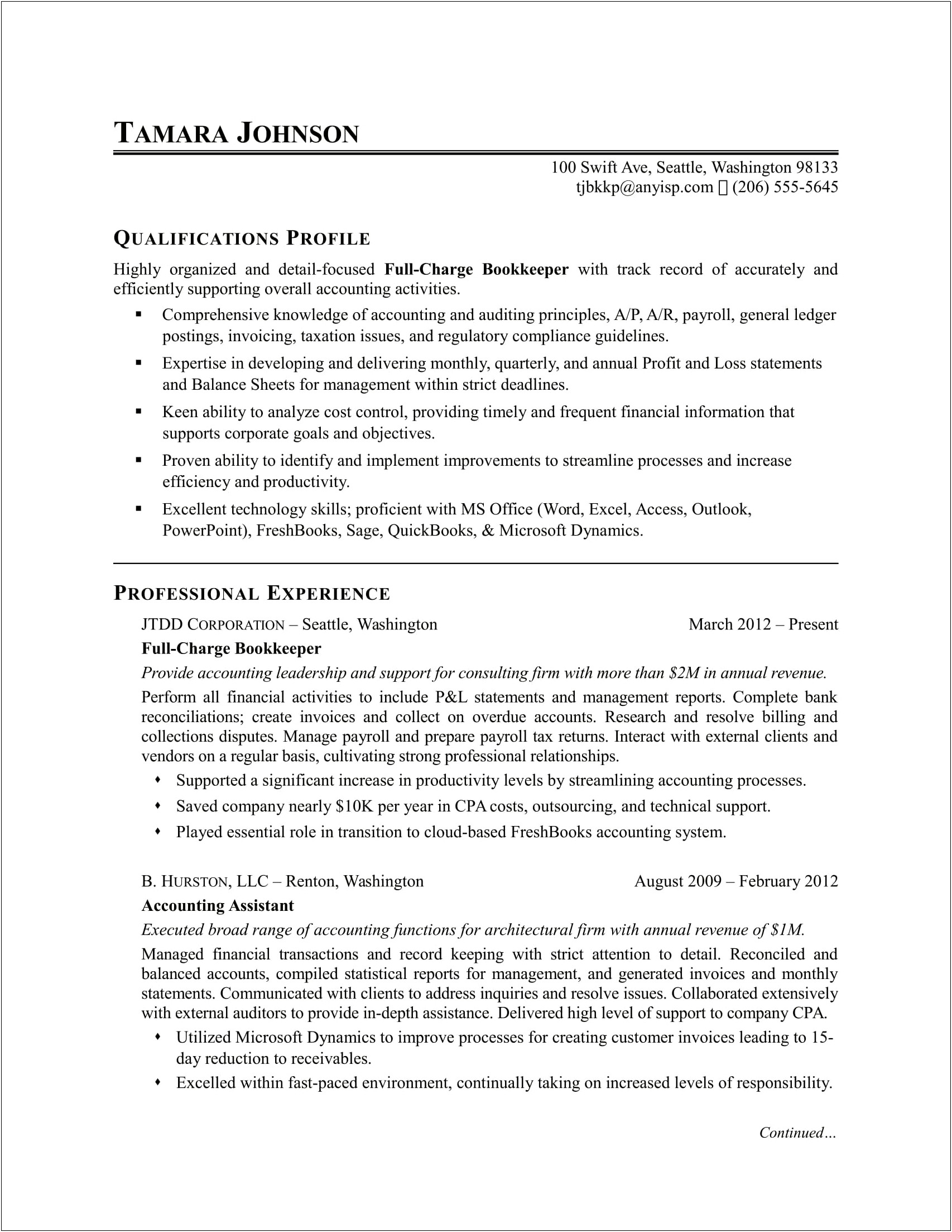 Accounting Resume For Part Time Work