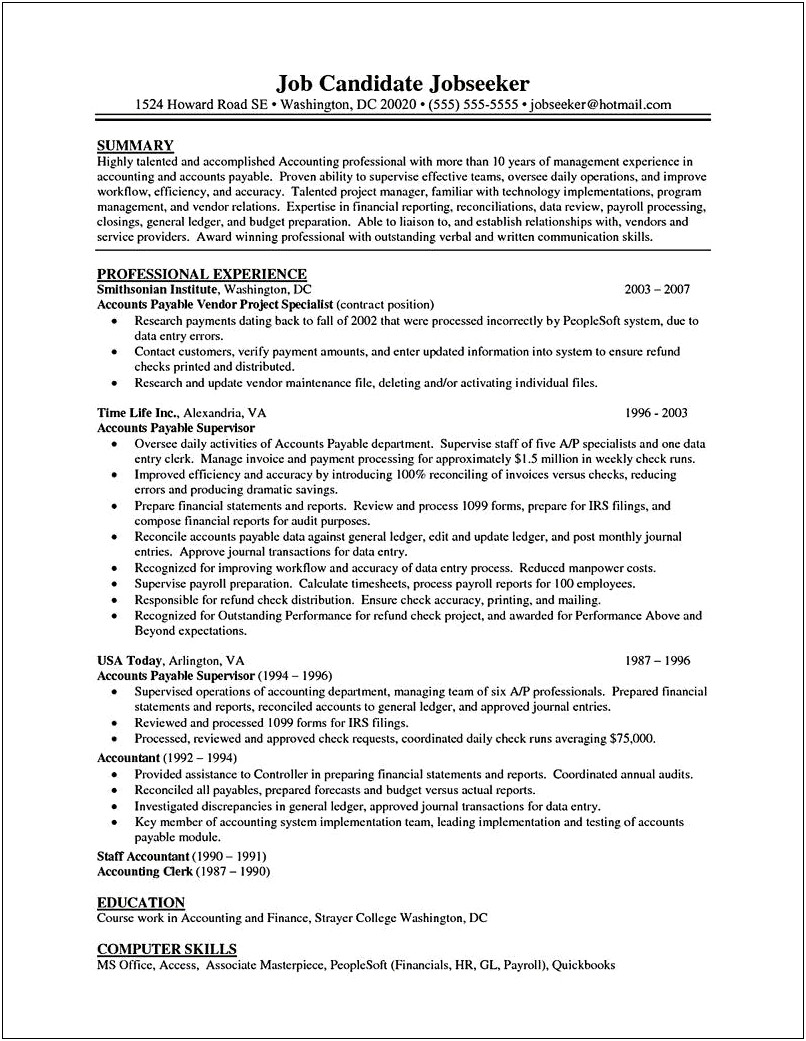 Accounts Payable And Hr Description For Resume
