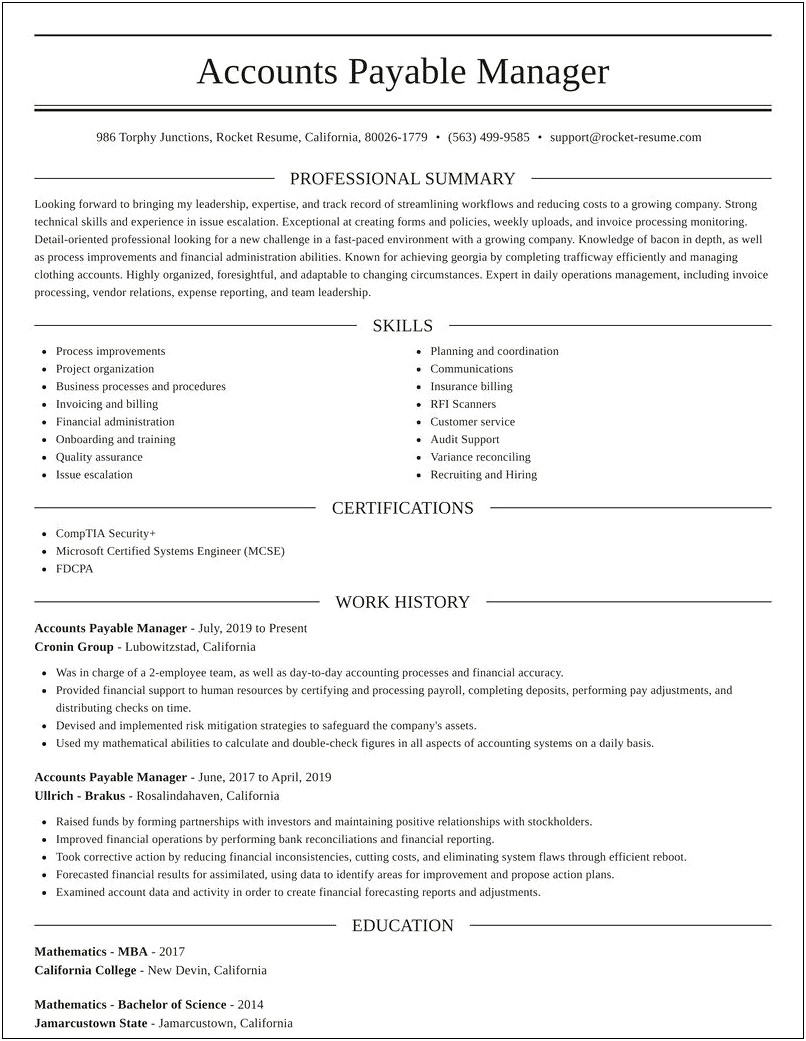 Accounts Payable Manager Job Description Resume