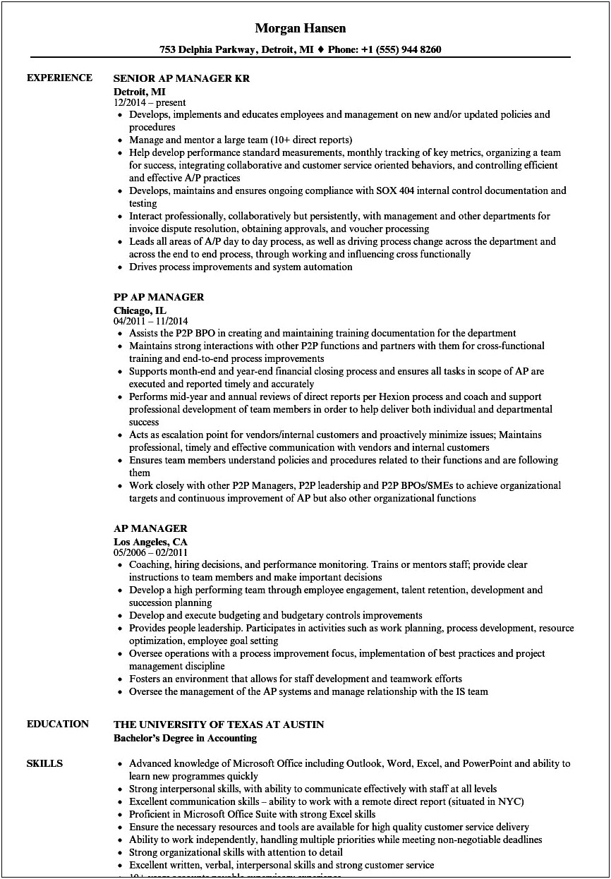 Accounts Payable Manager Resume Achievements