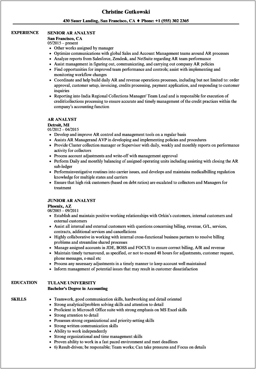 Accounts Receivable Analyst Resume Sample